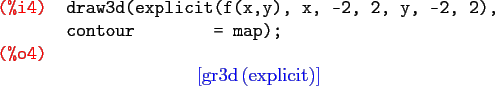 \begin{maximasession}
draw3d(explicit(f(x,y), x, -2, 2, y, -2, 2),
contour = ma...
...eft[ \mathrm{gr3d}\left(\mathrm{explicit}\right) \right] \\
\end{maximasession}
