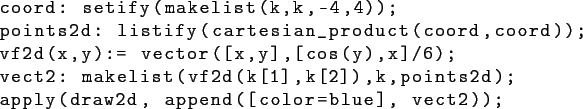 \begin{lstlisting}[basicstyle={\ttfamily }]
coord: setify(makelist(k,k,-4,4));
p...
...,k[2]),k,points2d);
apply(draw2d, append([color=blue], vect2));
\end{lstlisting}