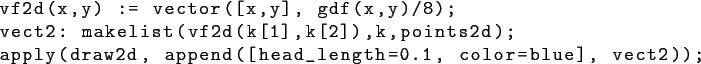 \begin{lstlisting}[basicstyle={\ttfamily }]
vf2d(x,y) := vector([x,y], gdf(x,y)/...
...);
apply(draw2d, append([head_length=0.1, color=blue], vect2));
\end{lstlisting}