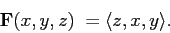 \begin{displaymath}
\mathbf{F}(x,y,z)=\langle z,x,y \rangle.
\end{displaymath}
