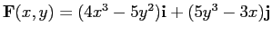 $\mathbf{F}(x,y)=(4x^3 - 5y^2)\mathbf{i} + (5y^3 - 3x)\mathbf{j}$