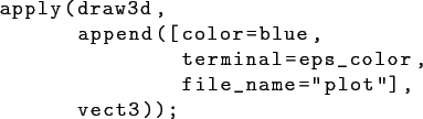 \begin{lstlisting}[basicstyle={\ttfamily }]
apply(draw3d,
append([color=blue,
terminal=eps_color,
file_name=''plot''],
vect3));
\end{lstlisting}
