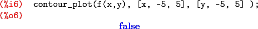 \begin{maximasession}
contour_plot(f(x,y), [x, -5, 5], [y, -5, 5] );
\maximaoutp...
...(x,y), [x, -5, 5], [y, -5, 5] ); \\
\o6. \mathbf{false} \\
\end{maximasession}